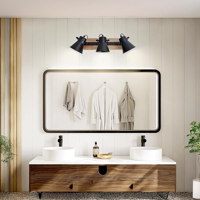 SEEBLEN 3-Lights Track Lighting Fixtures Ceiling，Farmhouse Wood Flush Mount Ceiling Light, Multi-Directional Kitchen Sink Light, Rustic Track Lighting for Kitchen Living Room, Dining Table, Foyer
