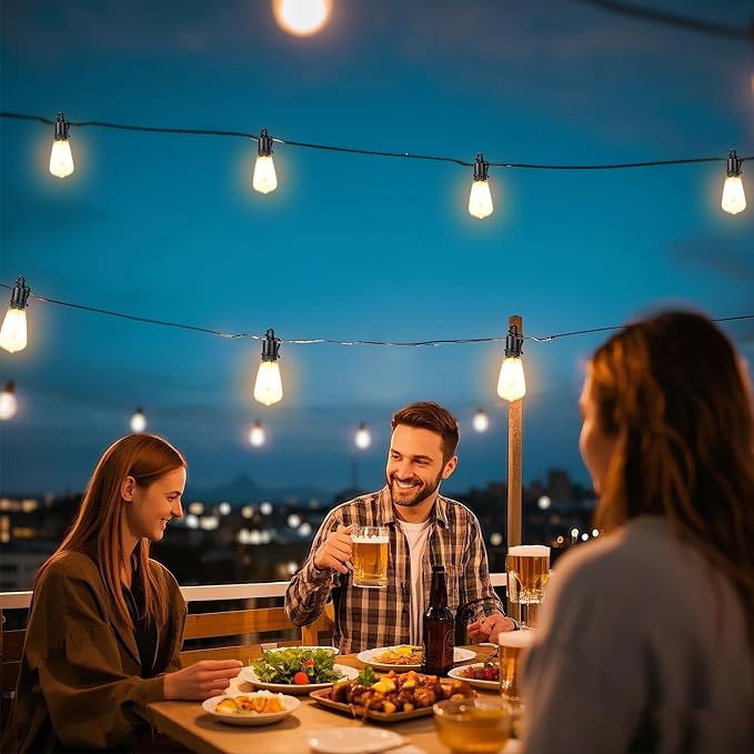 60FT Solar String Lights Outdoor Waterproof with Remote,Shatterproof ST38 20 LED Bulbs,2700K Dimmable Solar Lights Outdoor,Outside Hanging Lights for Patio,Garden,Camping,Deck,Backyard Decor
