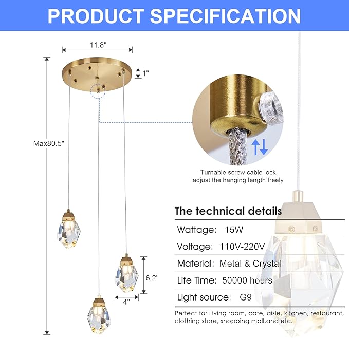 3 Lights Crystal Pendant Light Modern Cluster Chandelier - Dimmable LED Pendant Light Fixture with Brass Teardrop Design - Stylish Lighting for Kitchen Island, Dining Room, Hallway, Bathroom