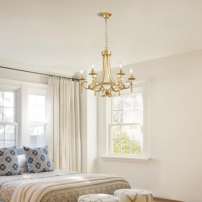 Modern Gold Candle Chandelier, 6-Light Farmhouse Chandeliers for Dining Room Lighting Fixtures Hanging, Dining Light Fixtures Iron Metal Pendant Light Fixture for Bedroom Living Room Kitchen Foyer