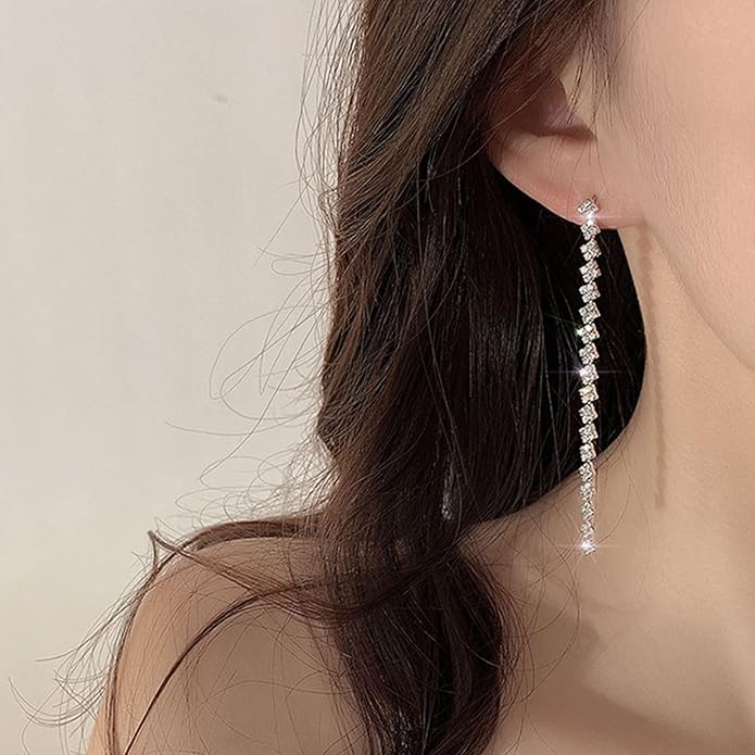 Luxval Rhinestone Earrings Dangling for Women Sparkly Silver Dangle Earrings Girls Long Chandelier Earrings Tassel Lightweight Ear Studs Cubic Zirconia Crystal Statement