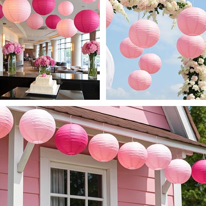 Chinese Paper Lanterns - Pack of 10, 10-Inch Pink/Rose Red Hanging Lights for Birthday Party Decorations, Ceiling Decor, Rainbow Classroom, Wedding, and Home Party
