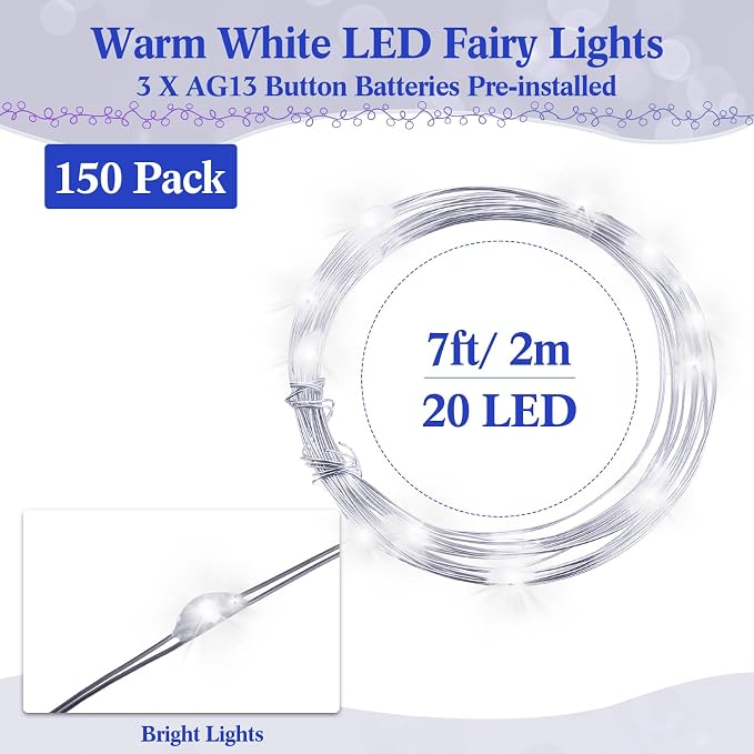 150 Pack LED Fairy Lights Colored Battery Operated String 3 Speed Modes 7 ft 20 LED Starry Wedding Decoration Waterproof Wire Twinkle Light for DIY Jar Bedroom Party Supplies (Cool White)