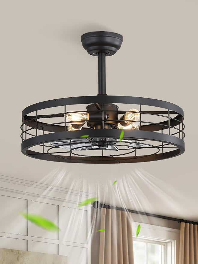 LEDIARY 22 inch Farmhouse Caged Ceiling Fan Light with Remote, Black | 6 Speed Adjustable,Timing, Quiet & Powerful DC, Large, Farmhouse, Industrial, Enclosed, Bladeless, Bedroom, Kitchen, Downrod