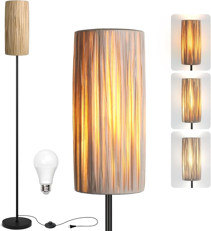 Ruiever Floor Lamp for Living Room,Rattan Boho Floor lamp,Modern Standing lamp with Hand-Worked Woven Shade (Hand Woven Shade-3 Color Bulb)