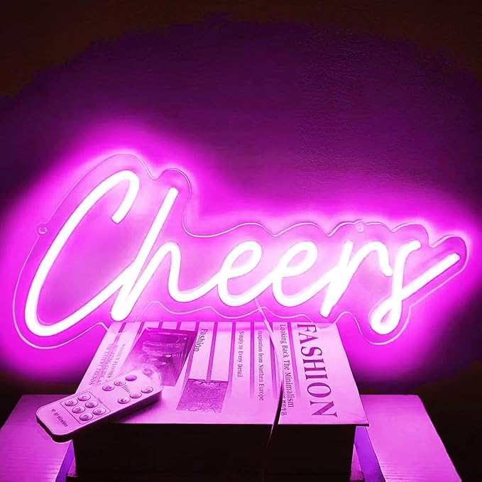 Upgraded Cheers Neon Sign with Timer Remote Control,5V USB Powered Cheers LED Signs for Home Pub,Birthday,Wedding,Bar Cart,Party 16.5 * 7in(Flash/Dimmable/Timmer)