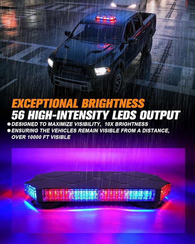 LUMENIX 56 LED Roof Top Strobe Beacon Lights Bar Rooftop Hazard Warning Emergency Safety Flashing Light for Police Law Enforcement Vehicles Fire Trucks Patrol Cars - Red Blue