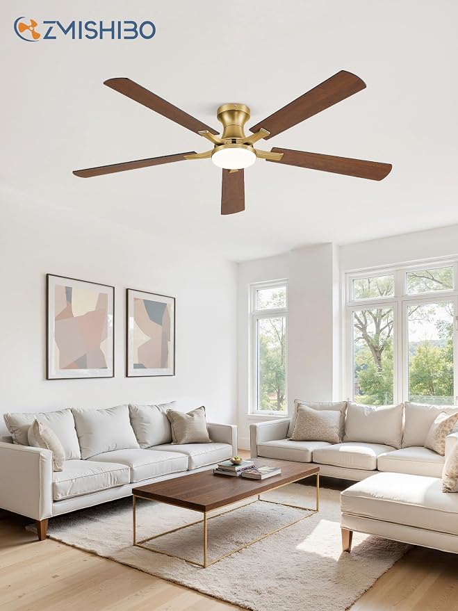 ZMISHIBO 60 Inch Ceiling Fans with Lights, Remote&App Control, Flush Mount | Low Profile, Dimmable 20W LED Light, Quiet Reversible Motor, Strong Airflow, Easy Install for Bedroom/Living Room/Apt, Gold