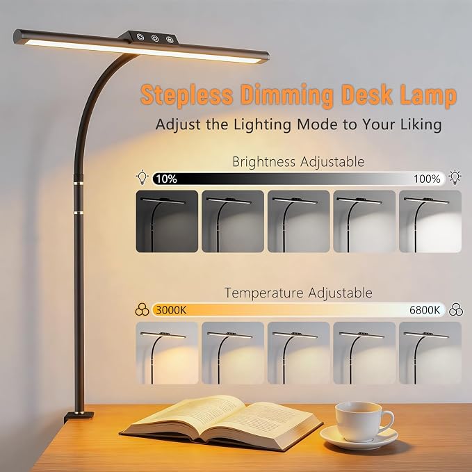 LED Desk Lamp for Home Office, Flexible Gooseneck Desk Lamp with Clamp, 5 Color Touch Control Stepless Dimming Adjustable Eye-Caring Desk Light with Adapter for Reading, Study, Workbench (Black)