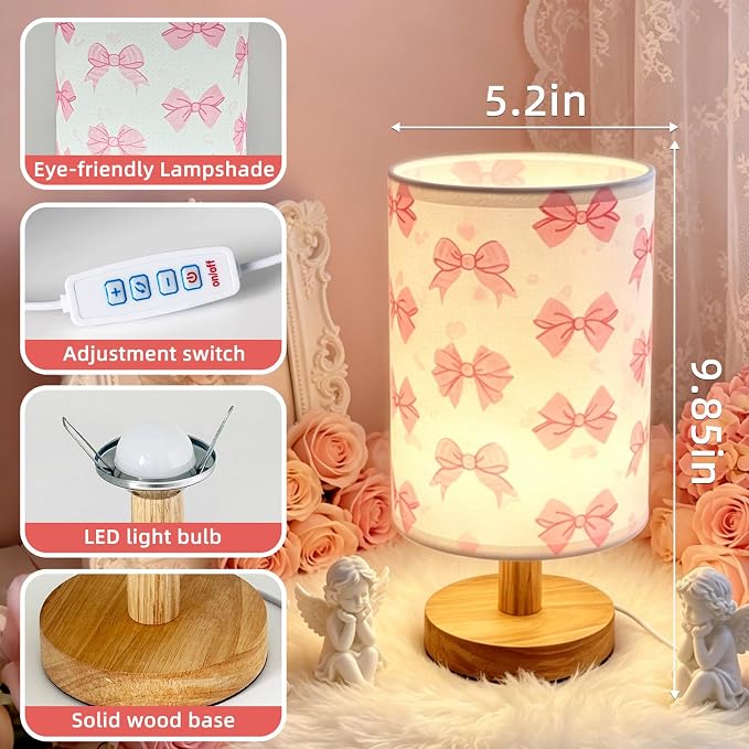 Pink Bow Kids Table Lamp,Night Light for Girls Bedrooms Bedside,3-Color Adjustable Dimming Reading Light with Linen Fabric Lampshade and Wood Base for Living Bedroom Child Room Study Home Decor