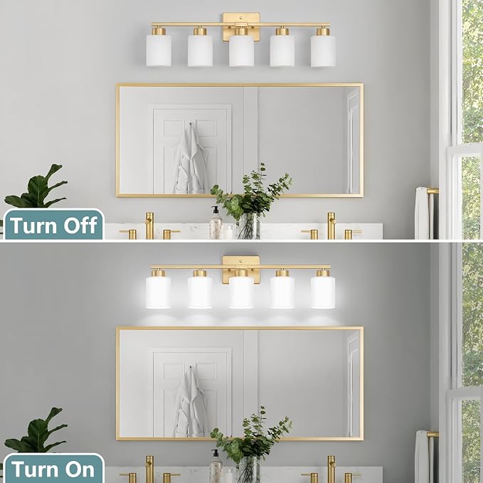 Gold Bathroom Light Fixtures Vanity Lighting Over Mirror | 5-Light Modern Wall Sconces with Milky White Frosted Glass Shades for Restroom (E26 Socket)