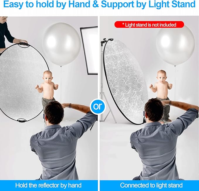 Wellmaking 43Inch/110cm Photography Light Reflector, Portable Foldable 5 in 1 Diffuser Reflectors with Bag & tilt Adapter for Studio & Outdoor Lighting-Translucent, Silver, Gold, White and Black