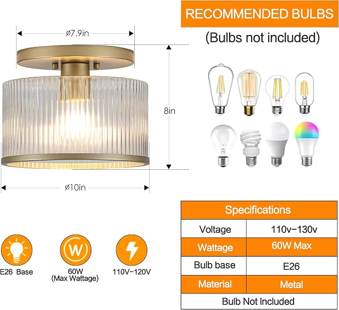 Zlepmlla Glass Ceiling Light, Clear Ribbed Glass Ceiling Light Fixture with Gold Metal Frame, Modern Semi Flush Mount Ceiling Light for Hallway,Entryway, Bedroom, Bathroom, Kitchen
