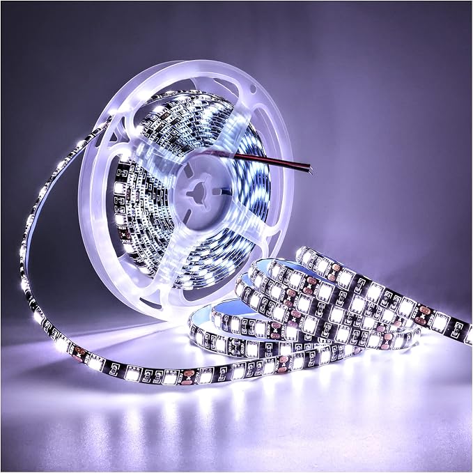 12V LED Strip Light White 6000K 16.4ft LED Light Strip Black PCB SMD 5050 IP65 Waterproof 300 LEDs Tape Rope Lights for Bedroom, Kitchen Decoration