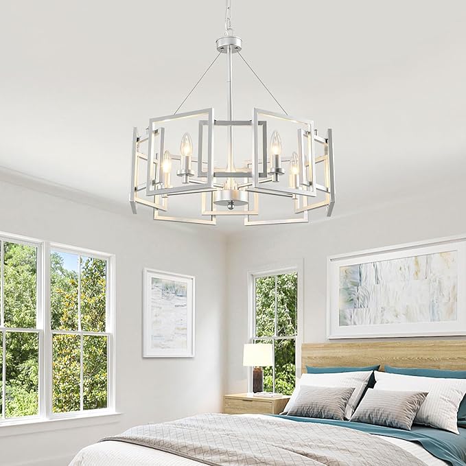 ZGLAOJT Modern Chandelier Chrome Geometric Pendant Lighting Fixture 5-Light Metal Farmhouse Chandelier for Dining Room Living Room entryway Kitchen Bedroom Island