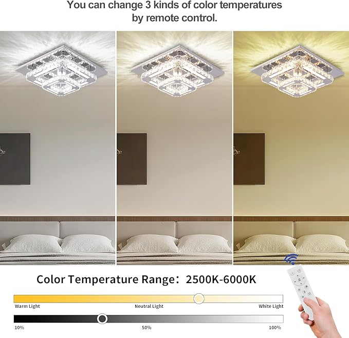FRIXCHUR Crysta Chandelier LED Crystal Ceiling Light 2 Layers 12 inch Dimmable Flush Mount Ceiling Light Modern Chandeliers Lighting for Bedroom Hallway Staircase Kitchen Closet (3 Colors Change)