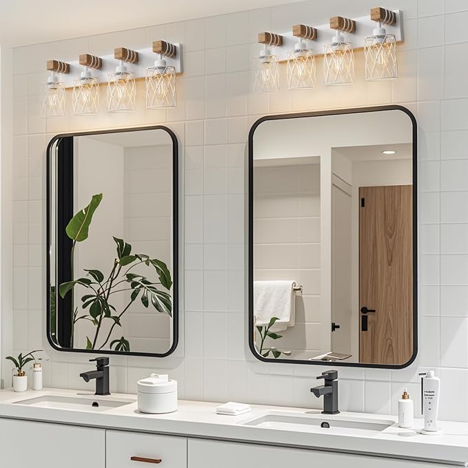 IZORRO Farmhouse Bathroom Vanity Light, 4-Light Wood Bathroom Light Fixtures Over Mirror, Matte White Industrial Vanity Lights with Metal Shade, Rustic Restroom Lighting Fixtures