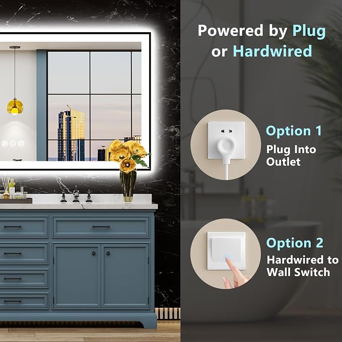 96x36 Black LED Bathroom Mirror, Backlit & Front Lit Lighted Mirror | Metal Framed Anti-Fog Vanity Mirror with Lights, 3 Color Dimmable, Memory, HD Tempered Glass, CRI95, UL Listed, Wall Mounted