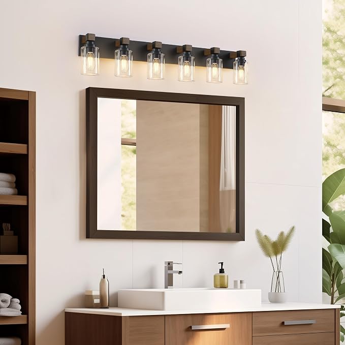 Farmhouse 6-Light Bathroom Vanity Light Fixtures, Black and Wood | 43.3″ Rustic Matte Black Metal Frame, Clear Glass Shades, Vintage Wall Sconces Lighting Over Mirror, for Bathroom Restroom