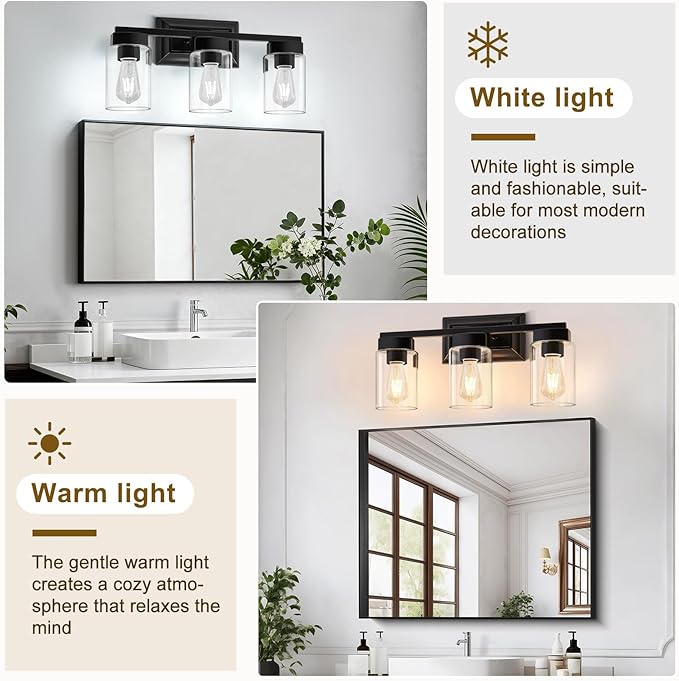 Bathroom Lights Over Mirror, 3 Light Bathroom Light Fixtures with Clear Glass Shade Modern Matte Black Vanity Lights Lighting for Bathroom, Mirror, Living Room, Bedroom, Hallway