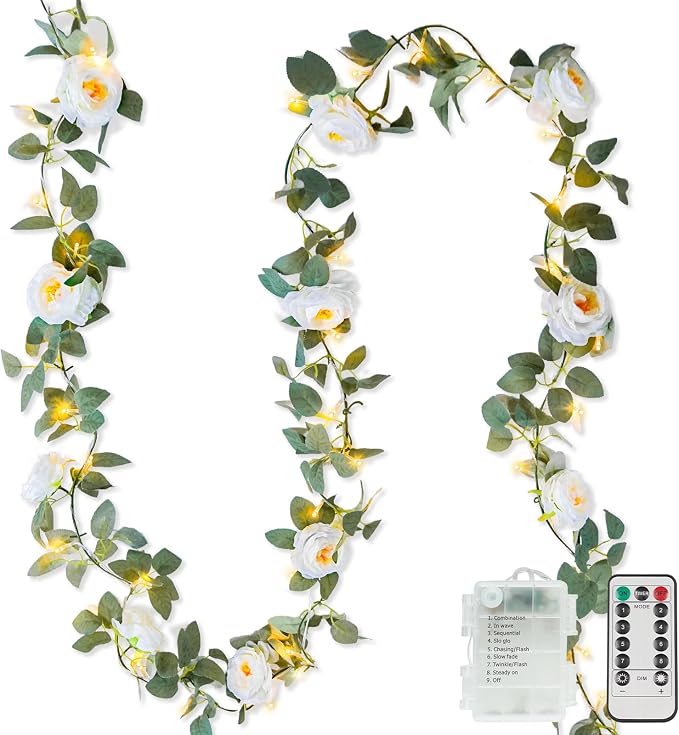 60LED Garland with White Camellia Lights Battery Operated Clear Wire | Vines Fairy Lights with Remote,Artificial Fake Flowers String Lights for Wedding,Bedroom,Centerpieces Decor(Warm White)