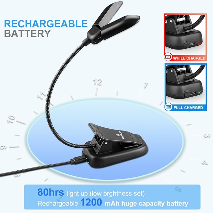 Vekkia 14 LED Rechargeable Book Light for Reading at Night | Eye-Care Reading Light for Books in Bed/180° Adjustable, Clip on Lamp/3 Color Temperatures, Lightweight