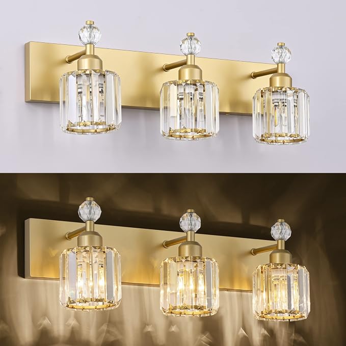 PRESDE Crystal 3 Light Vanity Light for Bathroom Gold Bathroom Lights Fixtures Over Mirror Modern Wall Sconce Lamp