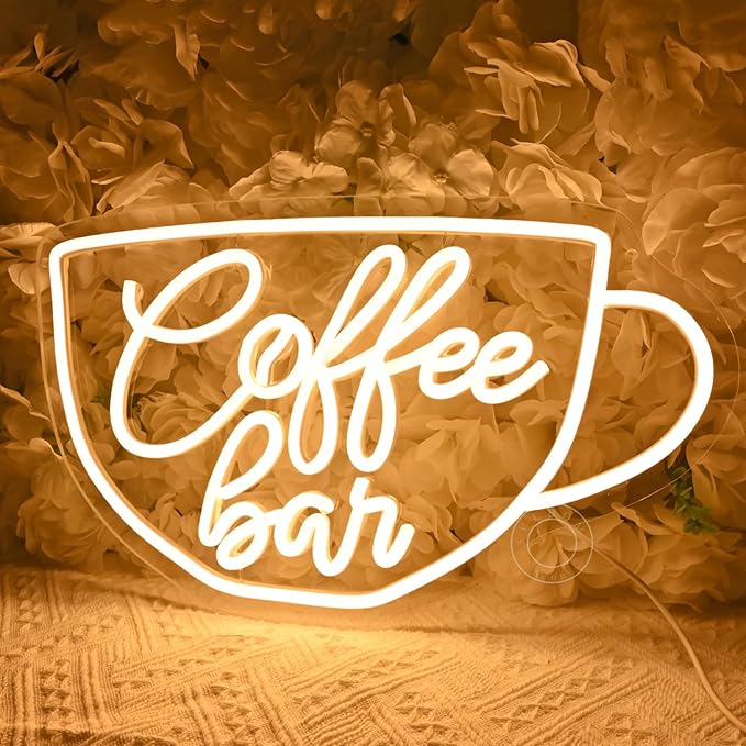 SYLHOME Coffee Bar Led Neon Light Sign Coffee Shop Business Home Bedroom Kitchen Restaurant Birthday Christmas Party Light Up Sign 15.75" X 9.4" USB Warm White