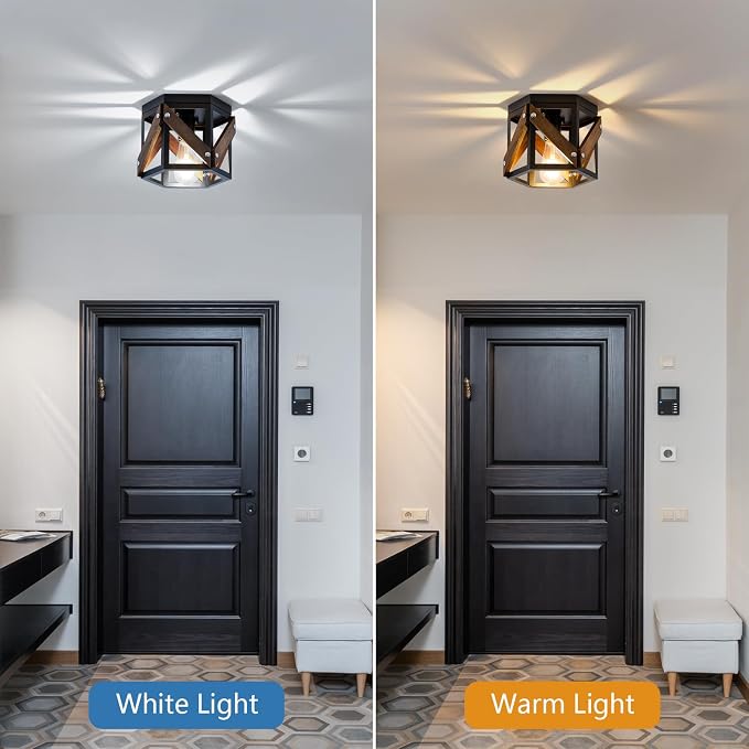 XSDeTu 2 Pack Farmhouse Flush Mount Ceiling Light, Rustic Hallway Light Fixtures Ceiling, Vintage Black Lighting Fixtures with Metal and Wood Cage, Small Chandelier for Kitchen Sink Entryway Bathroom