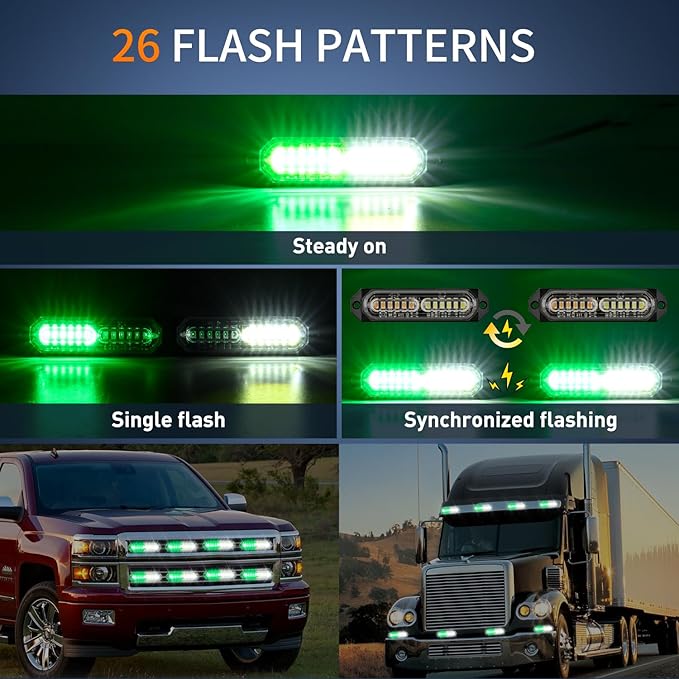 Nilight 8PCS Led Strobe Lights 12LED Green White Emergency Light 12V 24V Surface Mount Flashing Warning Hazard Beacon Lights Ultra Slim Sync Feature Mini Grille for Cars Trucks Off Road Vehicles SUV