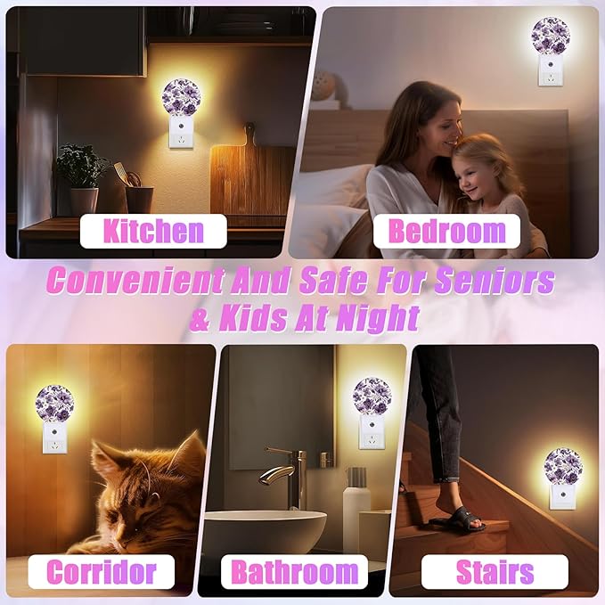 Purple Flower Night Light Watercolor Floral Night Lights LED Lamp Round Plug into Wall Nightlight with Dusk to Dawn Sensor Home Hallway Stairway Kitchen Decor