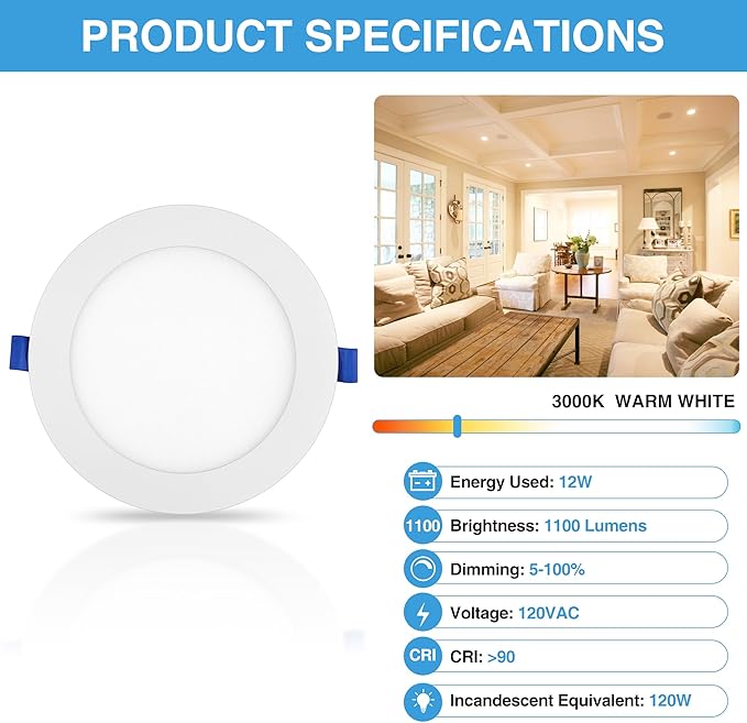 ECOELER 6Inch LED Recessed Ceiling Light, 3000K Warm White,12W 1100LM, Dimmable Canless Downlights with Junction Box, ETL and FCC Listed, 6 Pack