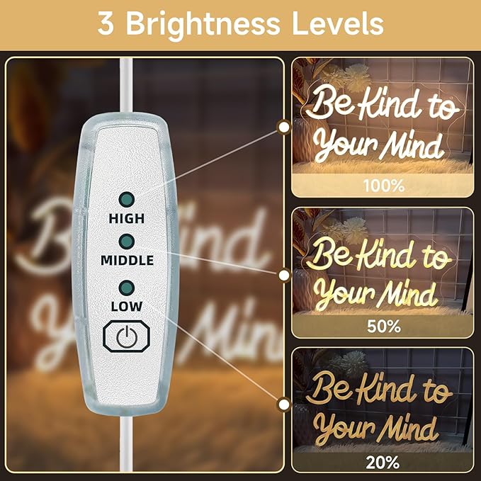Be Kind to Your Mind Neon Sign Dimmable Led Neon Lights for Wall Decor USB Encouragement Word Neon Light Up Signs for Bedroom Home Bar Office Study Room Wedding Birthday Party Teens Girls Gifts