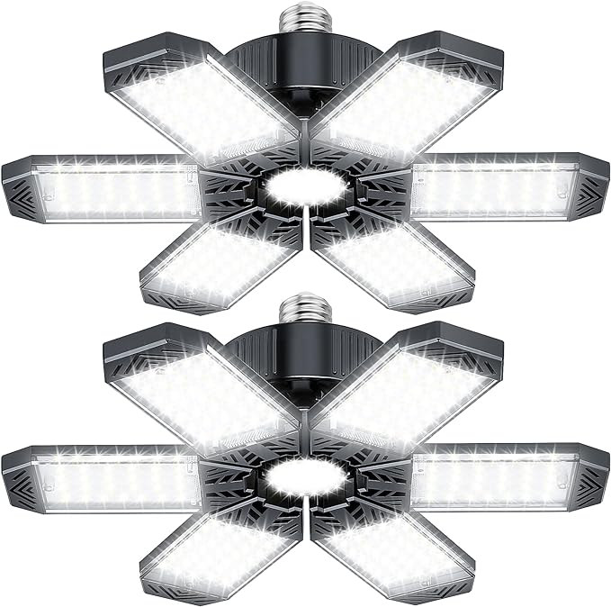 Garage Light 2 Pack - 200W 20000LM Garage Lights Ceiling LED 6500K with 6+1 Deformable Panels, Screw in E26/E27 Bulb Socket LED Shop Lights for Workshop Barn Basement Gym Bay Lighting