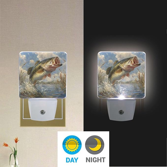 Big Bass Fish Night Light Dusk to Dawn Sensor LED Night Dimmable Nightlight Lights Plug into Wall for Living Room