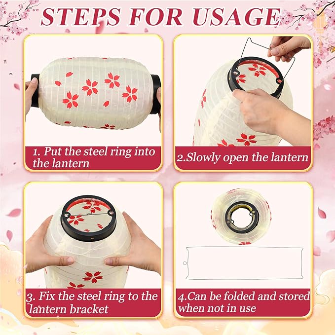 Baquler 24 Pcs Japanese Cherry Blossom Silk Lanterns 8 x 14 Inch Hanging Sakura Lantern Decorations for Wedding Party Restaurant Festival Decor Including 12 Lanterns and 12 Lights
