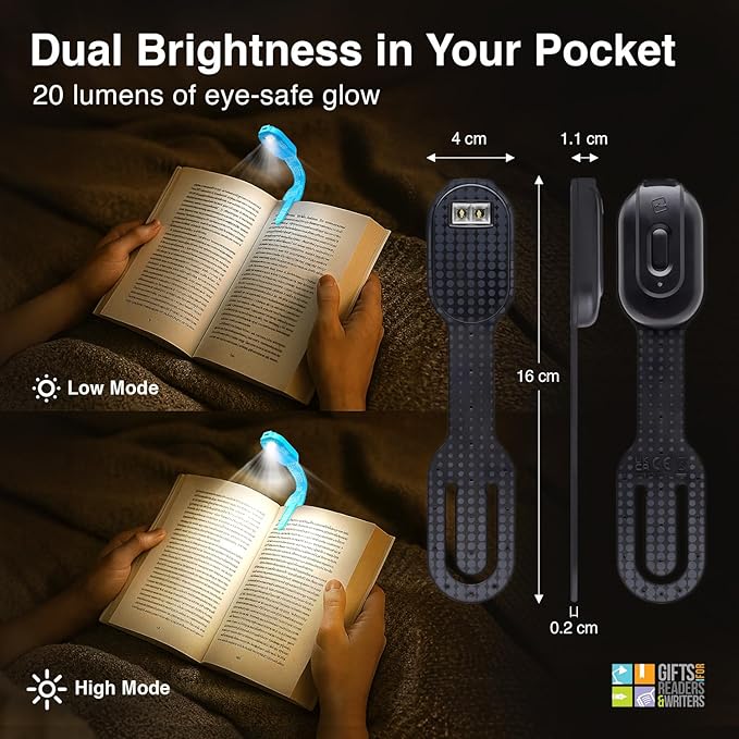 Gifts for Readers & Writers Rechargeable Book Light, Clip On Reading Light for Bed, 2in1 Flexilight & Bookmark, 12 Hours of Light Once Charged, Includes USB Cable & 2 LED Lights, Black Dots