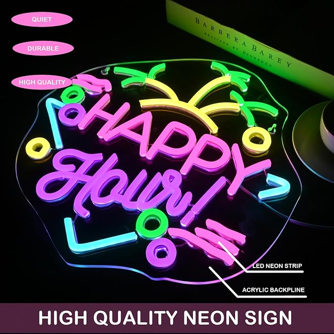 Happy Hour Neon Sign LED Neon Light Bar Wall Decor Home Bar | Drink Theme Light Up Sign for Pubs, Game Rooms & Man Caves, USB Powered LED Wall Decor, Adjustable Brightness