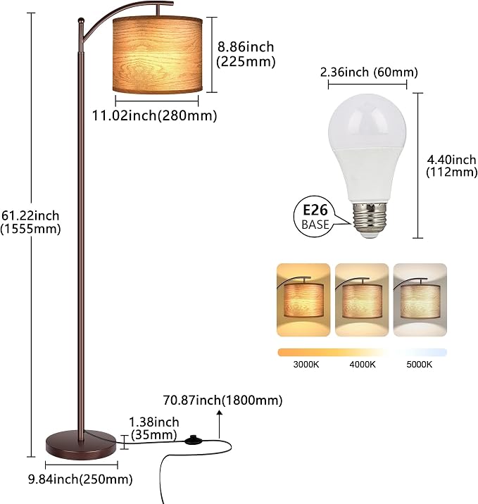 Floor Lamp for Living Room, LED Standing Lamp Tall Industrial Floor Lamp Reading for Bedroom, Office (9W LED Bulb, Wood Grain Lampshade Included) - Oil-Rubbed Bronze