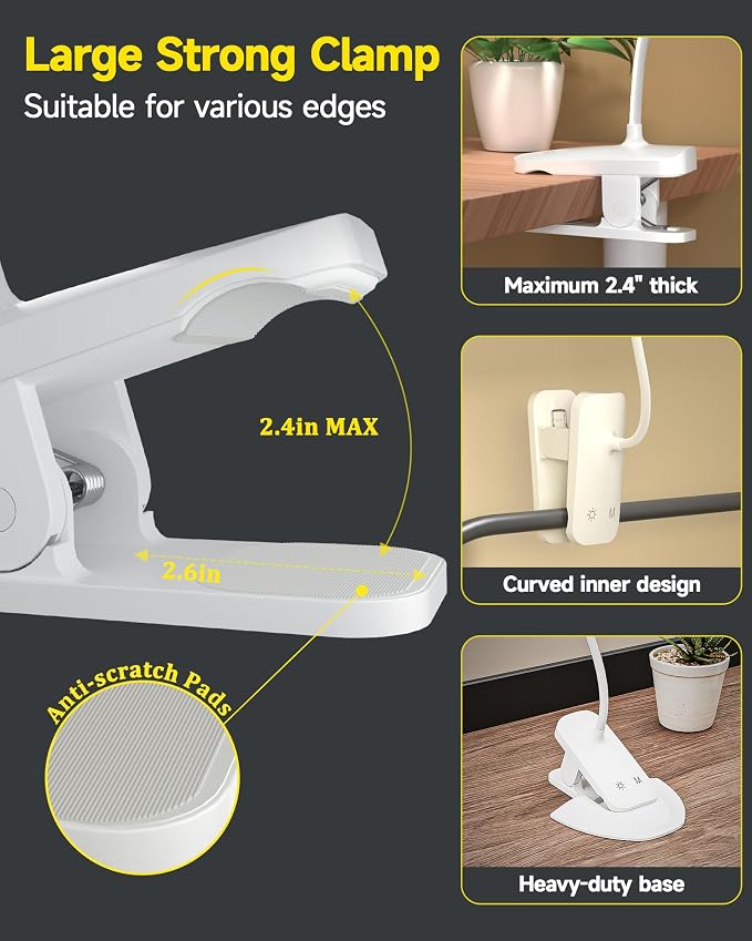 CUHIOY Rechargeable Clip on Light, Bed Headboard Reading Lamp, White | Portable Cordless Battery-Operated USB-C, 5 Colors 5 Brightness Goose-Neck, Flicker-Free Clamp Desk Light, Study or Craft Use