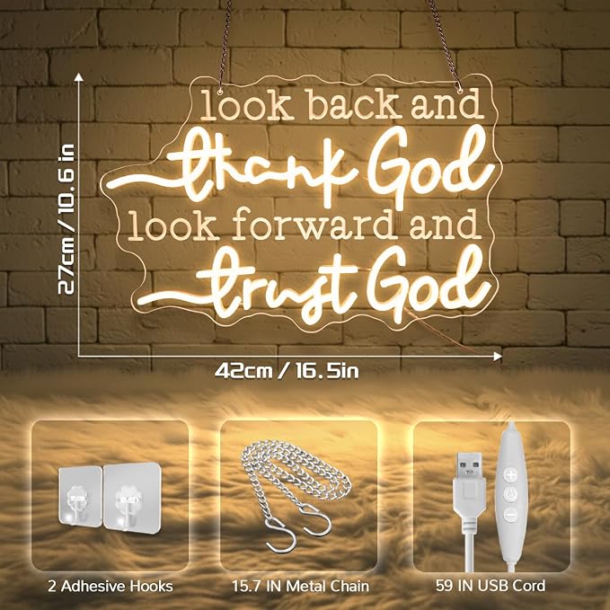 Christian Neon Sign – “Look Back and Thank God,Look Forward and Trust God” LED Neon Wall Decor with USB Power & Dimmable Brightness,Bible Verse Neon Light for Bedroom,Church,Home