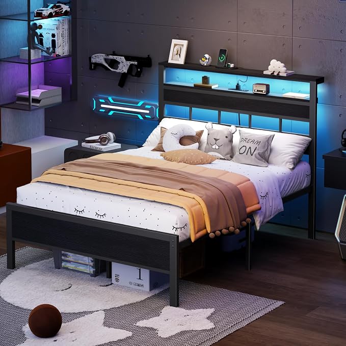 Full Size Bed Frame, Storage Headboard, LED & Charger, Black Oak | Metal Platform Bed with Heavy Duty Slats Support, 2-Tier Wood Shelf,USB & Type-C Ports,Noise-Free,No Box Spring,Easy Assembly
