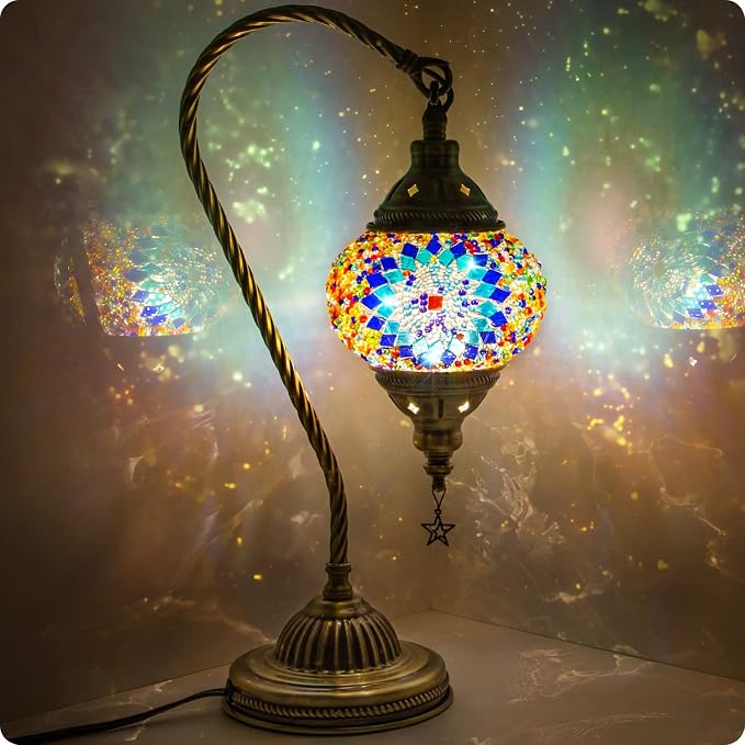 Yarra-Decor Turkish Moroccan Lamp with Bronze Base 3 Color Options Handmade Swan Neck Mosaic Glass Bedside Lamps for Bedroom (LED Bulb Included)(Blue1)