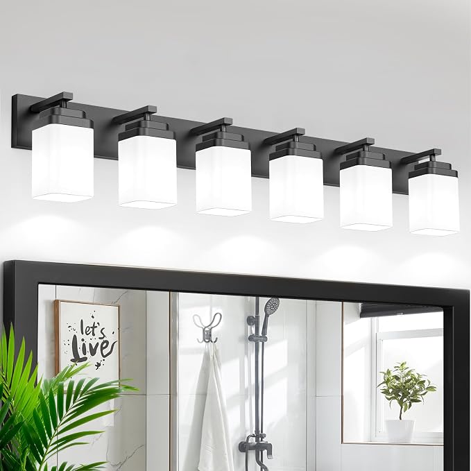 Matte Black Bathroom Light Fixtures, 6 Lights Bathroom Lighting Fixtures Over Mirror, Square Design & Rectangle Large Backplate, Modern Vanity Lighting Fixtures, for Living Room/Bedroom