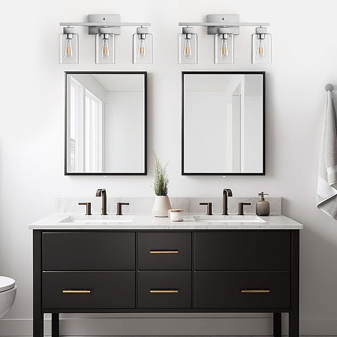 PARTPHONER 3-Light Bathroom Light Fixtures, Brushed Nickel Modern Vanity Lights, Bathroom Lighting Fixtures Over Mirror, Square Design Farmhouse Wall Sconces with Clear Glass Shades