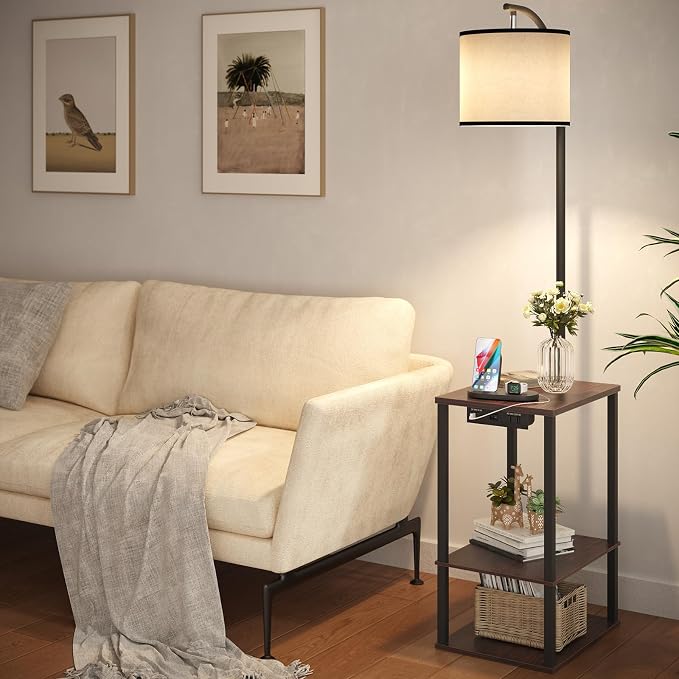 SUNMORY Floor Lamp with Table Shelves, End Side Table for Living Room | USB & AC Charging Stations, 3 Color Temperature 9W LED Bulb, Adjustable Shade, Modern Nightstand Lamps for Bedroom Office