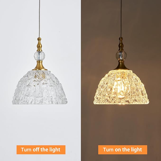 2 Pack Modern Bronze Glass Pendant Light 7.68 in Dome Light Fixture with K9 Crystal Ball Adjustable Height Vintage Brass Hanging Lights for Kitchen Island Bedroom Dining Room Living Room