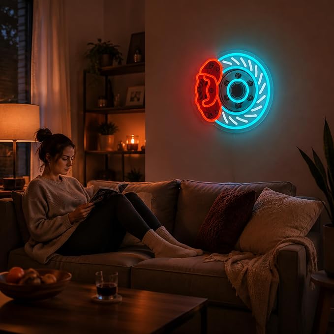 Brake Disc Neon Sign, USB Powered LED Garage Wall Decor |Automotive Wall Decor for Garage, Game Room, Bedroom, Workshop, Party Decoration and Car Enthusiast Gift