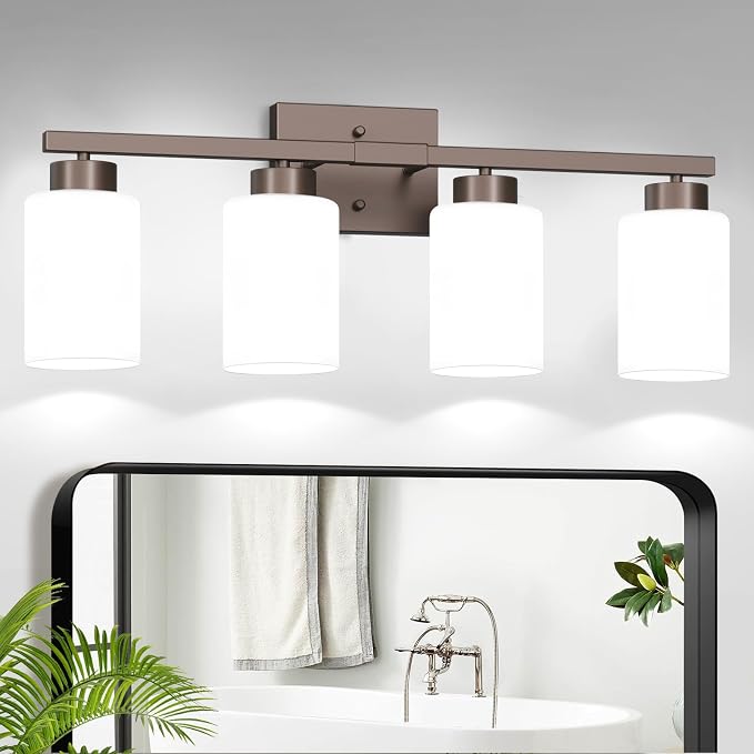 IZORRO Modern Bathroom Light Fixtures, 4 Light Oil-Rubbed Bronze Vanity Lights, Bathroom Lighting Fixtures Over Mirror with White Glass for Living Room Cabinet Bedroom
