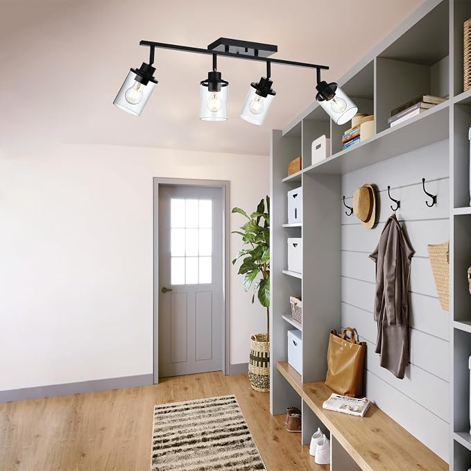 Yaohong 4-Light Black Farmhouse Track Lighting Fixtures Ceiling, Bathroom Track Lighting Kit Wall Light with Ajustable Heads, Kitchen Track Lighting Fixtures with Glass Shade for Hallway Shop